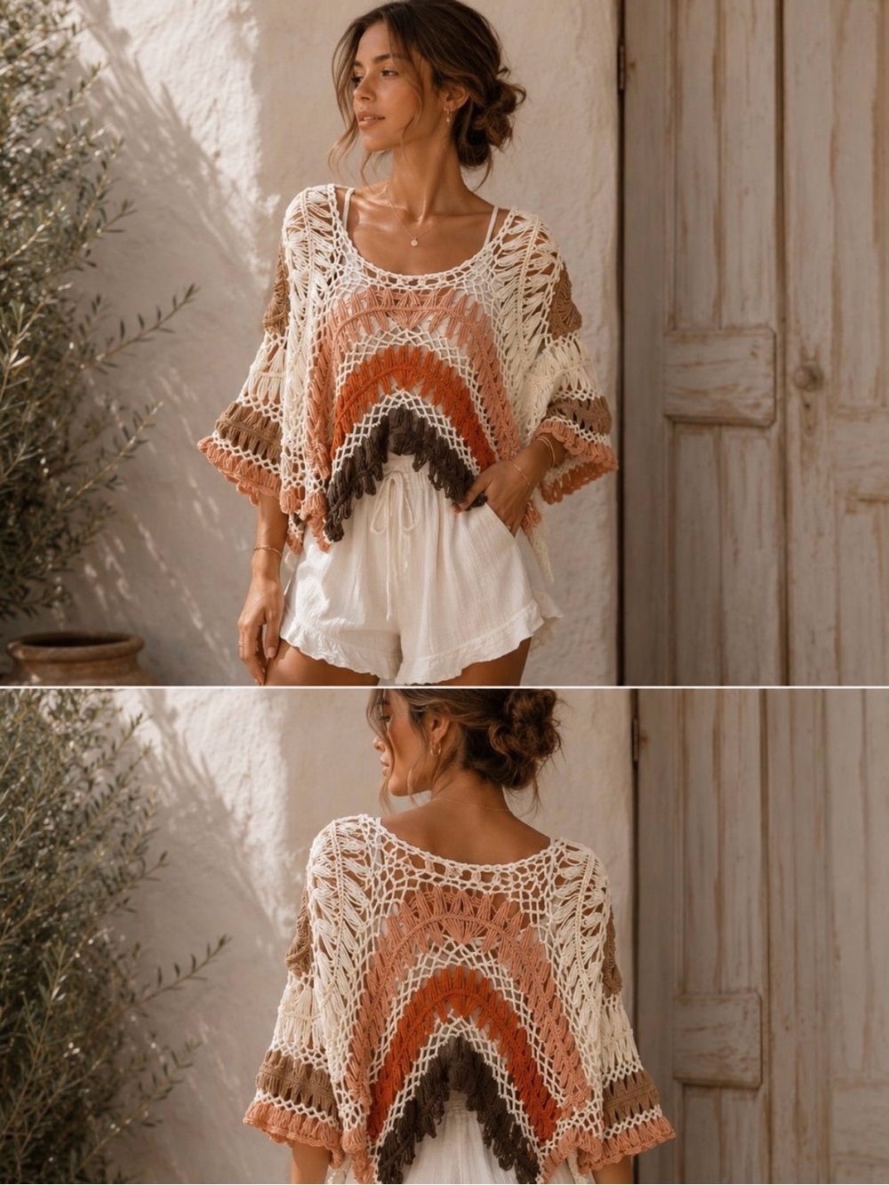 Crochet women’s one size Boho Poncho Top in Cream, Rust & Brown